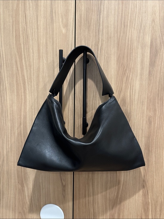Genuine leather Handbags - Minimal Black Leather Shoulder Bag with Curved Handle